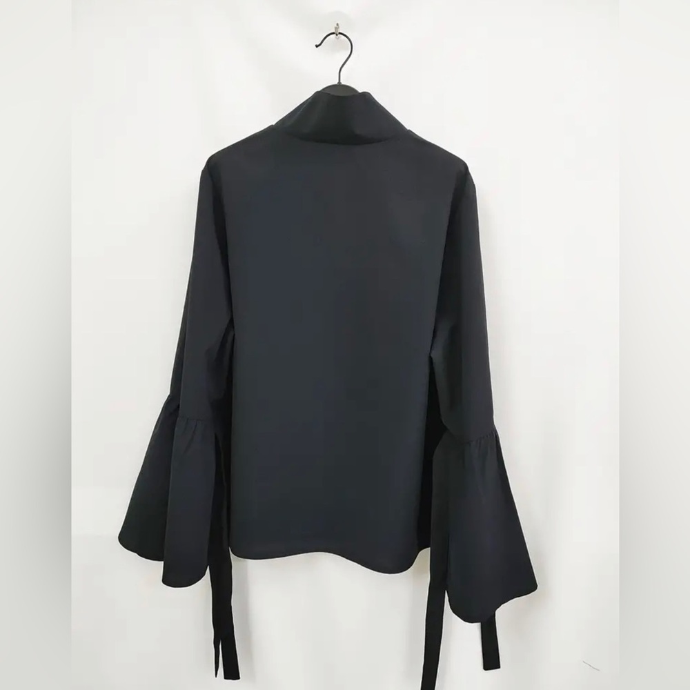 Plus Size Black Button Front Blouse Dramatic Ruffle Bell Cuffs - Picture 8 of 8